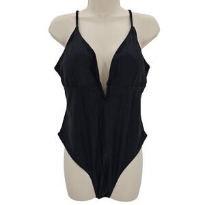American Trends Womans size XL Deep V-Neck Cheeky One Piece Swimsuit Black NWOT